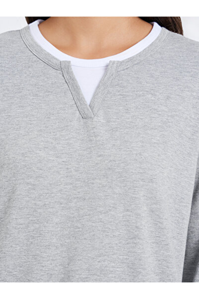 Styli Grey Oversized Knit Contrast Neckline T-Shirt