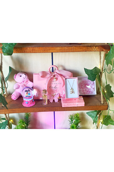 maasco Pembe Romantik “iyiki varsın” Hediye Seti Ayıcık+Kolye+Kar Küresi+Mini...