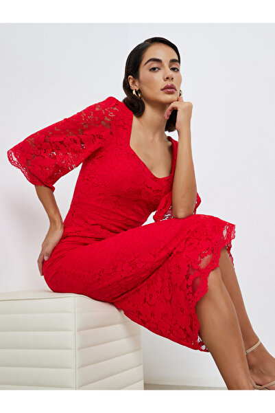 Styli فستان ميدي غمد من الدانتيل الأحمر