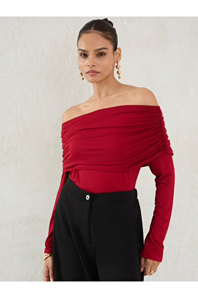 Femmella By Styli Deep Red Knit Bardot Neck Ruched Detail Top