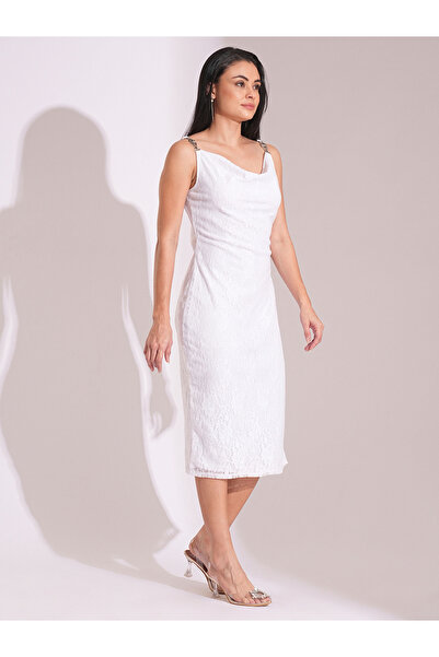 Globus By Styli White Cowl Neck Side Slits Lace Bodycon Midi Dress