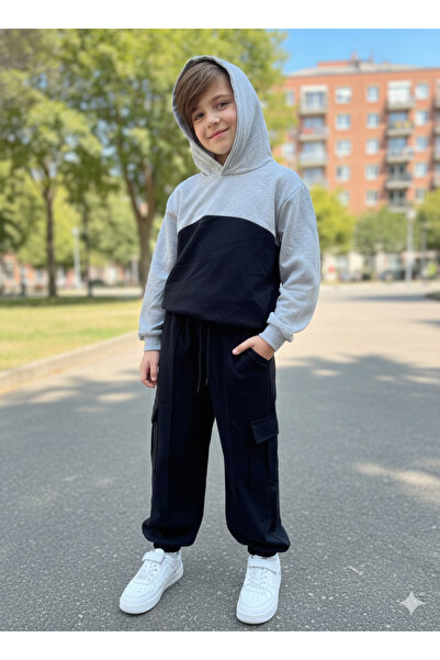 Hababamevi Set de trening gri negru cu glugă swea tricou negru dublu buzunar ...