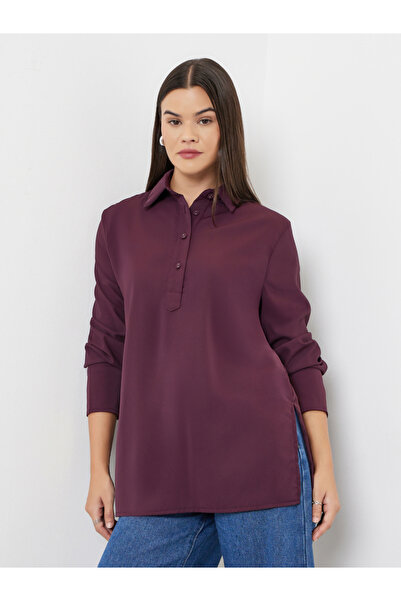 Styli Burgundy Longline Shirt with Half Placket
