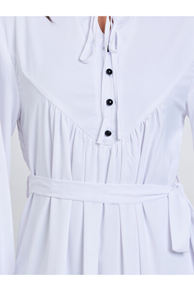 Styli White Solid Tie Neck Long Sleeve Midi Dress