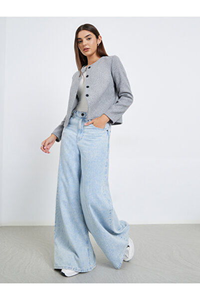 Styli Women Grey Plain Button Front Regular Fit Wool Jacket