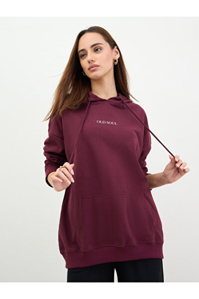 Styli Burgundy Graphic Print Longline Hoodie