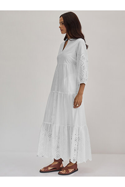 Styli White Cotton Schiffli Tiered Maxi Dress