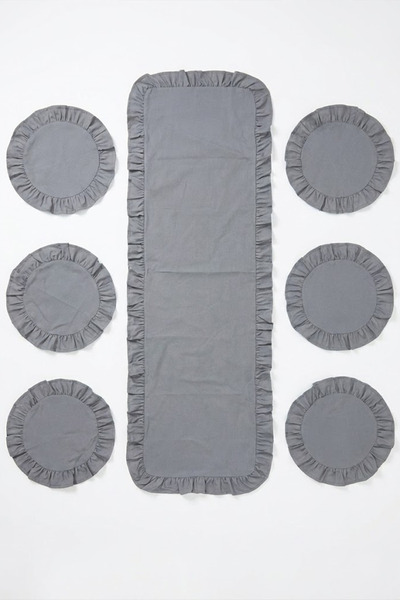 YUNUSOĞLU HOME Gray Ruffled Runner and Placemat Set - Tablecloth Set 7 Pieces 150X50