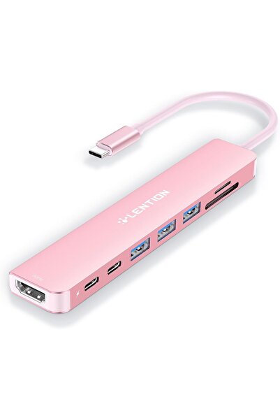 LENTION 8-in-1 USB-C Hub CB-CE18s — 4K@60Hz HDMI, 100W PD, 5Gbps, 3x USB3.0, SD/microSD (Rose Gold