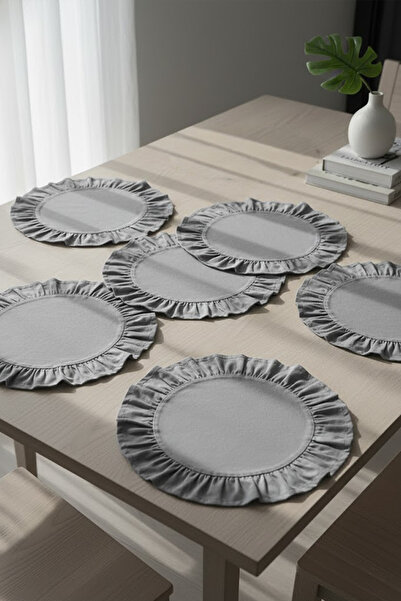 YUNUSOĞLU HOME Gray Cotton Ruffled Placemats Set of 6 American Style 33 cm Diameter Placemats Set of 6