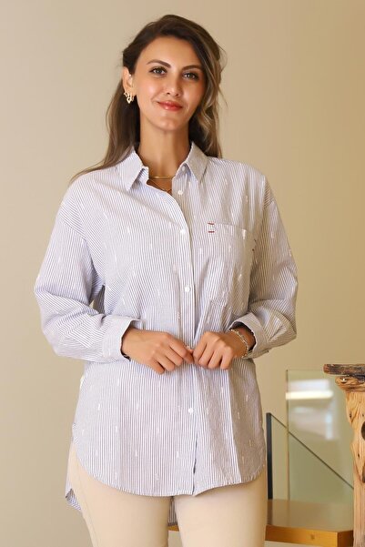 Nazen Giyim Long Sleeve Striped Navy Blue Women's Shirt 4395-2Y5