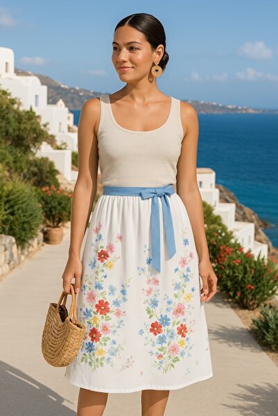 OEM - Cotton Wrap Skirt with Floral Print, One Size INTL