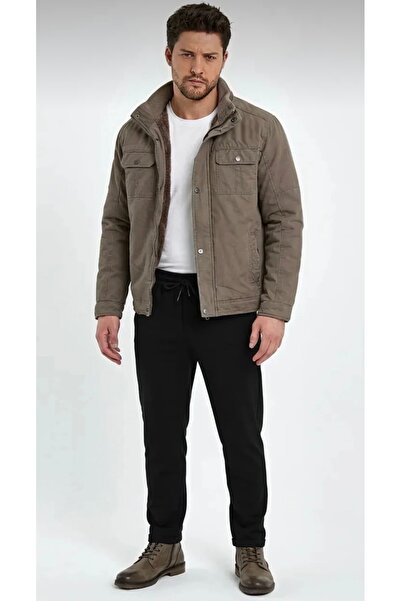 Malkan DYNAMO Erkek Dik Yaka İçi Kürklü Rahat Kalıp Keten Gabardin Mont