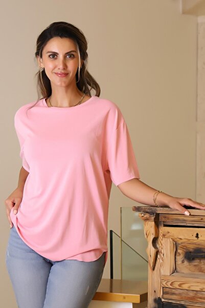 Nazen Giyim Basic Zero Collar Short Sleeve Pink Women's T-Shirt S0017426-2Y5