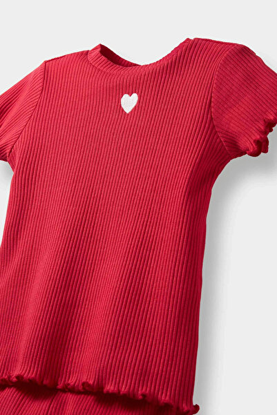 DeFacto F3522A5Rd70 Red Baby Girl 2-Piece Set Heart Corded Fabric Ribbed Knit Short Sleeve T-Shirt Leggings