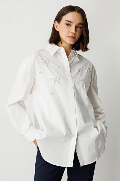 Nazen Giyim Beaded ribbon detailed white women's shirt 50367-2y5