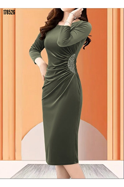 Viyamo Yeni Sezon Kadın Taş ve Büzgü Detay Midi Boy Kadife Şık Davet Elbise