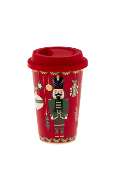 OEM Cană ceramică New Bone cu capac din silicon, roșie, model Spargător de nuci, 400 ml