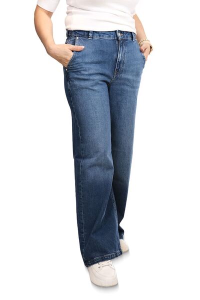 Blues Outlet بنطلون جينز نسائي واسع الساقين مع جيوب جانبية - أزرق