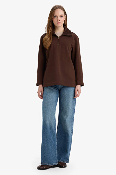 DeFacto G3853AXBN341 Καφέ φούτερ με φερμουάρ και γιακά με μαλακό χνουδωτό εσωτερικό, χοντρό φούτερ τουνίκ