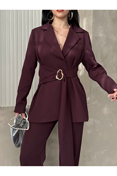 MYGİYİMİSTANBUL Blazer Jacket Wide Leg Pants Set with a Wide Fabric Belt Tied at the Waist
