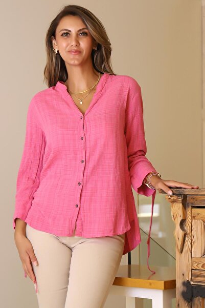Nazen Giyim KOLLARI BAĞCIKLI FUŞYA KADIN GÖMLEK NİSAN-2Y5