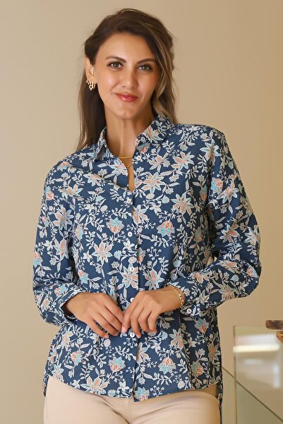 Nazen Giyim Flower Patterned Long Sleeve Lacquer Women's Shirt 4119-2Y5