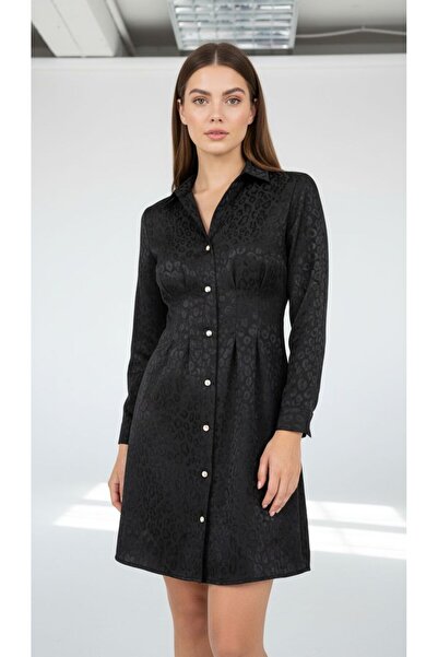 Eight Fashion Women's Black Leopard Pattern Shiny Buttoned Stylish Short Dress