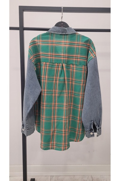 Hatun Atila Denim Detailed Plaid Shirt 8619 - Green