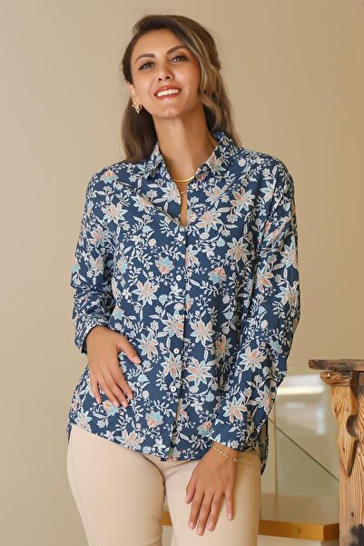 Nazen Giyim Flower Patterned Long Sleeve Lacquer Women's Shirt 4119-2Y5