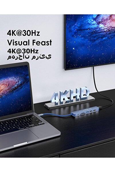 LENTION USB C Hub with 100W Charging, 4K HDMI, Dual Card Reader, USB 3.0 & 2.0 (CB-CE18, Blue)