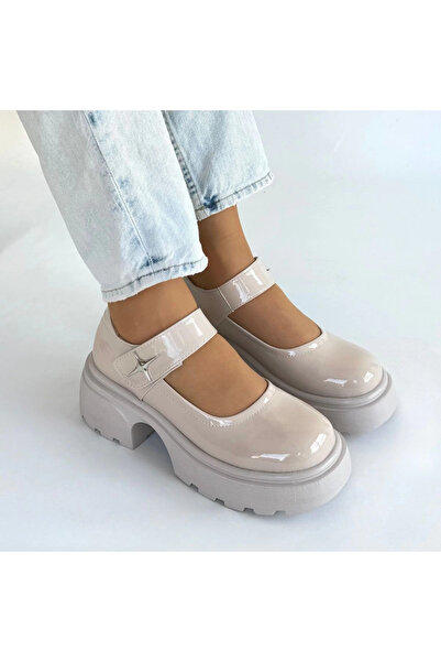 ZENGEZUR MALL Sptrns Siyat Beige Patent Leather Wedge Heel Oxford Shoes (142715) (Size: 36)