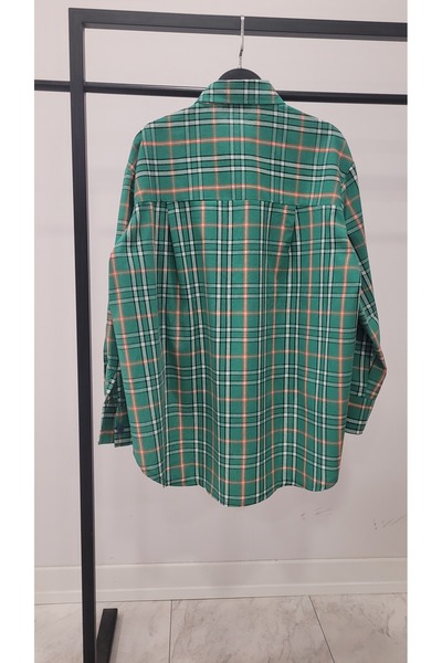 Hatun Atila Denim Heart Patched and Button Detailed Oversized Plaid Shirt 8599 - Green