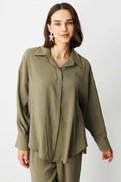 Nazen Giyim Long sleeve relaxed fit khaki women's shirt 54300-2y5