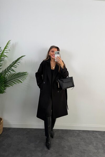 çınarr butikk Lüx Kalite Apoletli Kuşaklı Kalın Kaşe Kaban Siyah