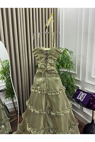 Generic Gazar sequined evening gown - embroidered trim with 3D roses - romantic layered design in olive green