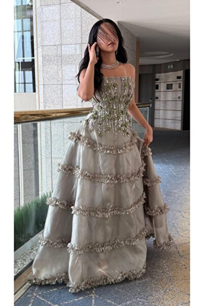 Generic Gazar sequined evening gown - embroidered trim with 3D roses - romantic layered design in olive green