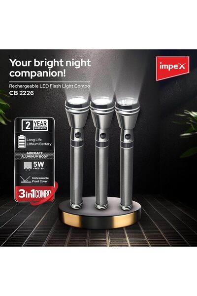 İMPEX Rechargeable LED Flashlight CB 2226 3Pcs 5W 4000mAh 4H Run Time 2000m Range Aluminium Body