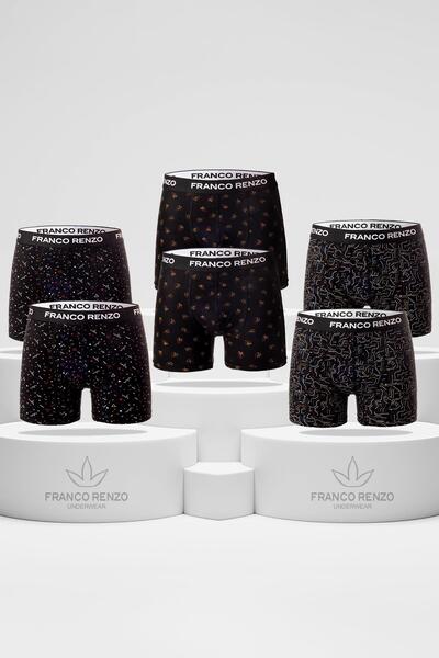 FRANCO RENZO Men's 6-Piece Luxury Boxed Cotton and Stretch Fabric Patterned Boxers - Black