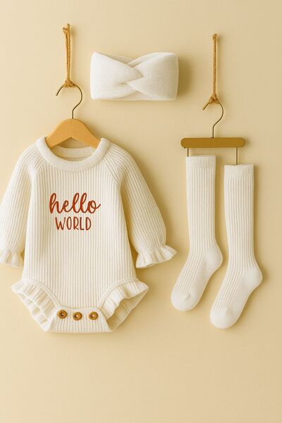 Minytrendy Newborn Baby Girl Hello World Embroidered Concept Knitwear Bandana Socks Bodysuit Set Baby Gift