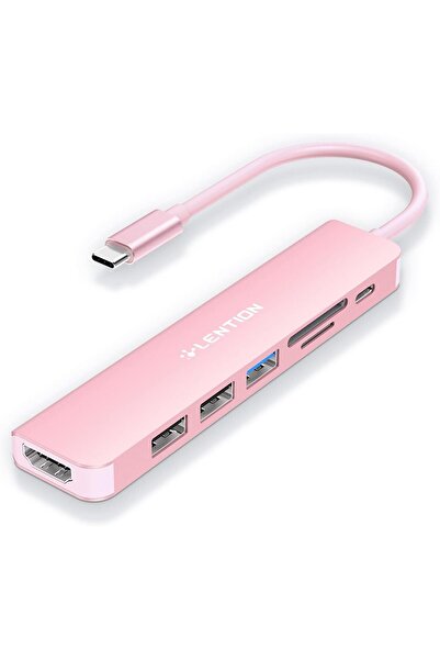 LENTION USB C Hub with 100W Charging, 4K HDMI, Dual Card Reader, USB 3.0 & 2.0 (CB-CE18, Rose Gold)