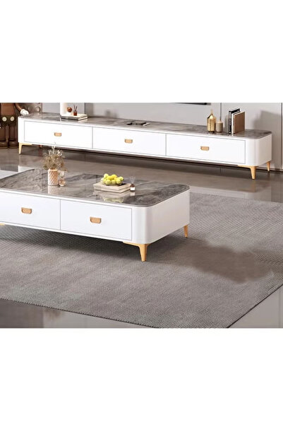 NKX Modern Living Room New White Color luxury TV Cabinet Top Grey Cabinet Material Marble 200cm