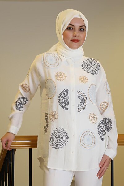 Nazen Giyim Embroidered and Sequined Ecru Women's Shirt 4143-2Y5