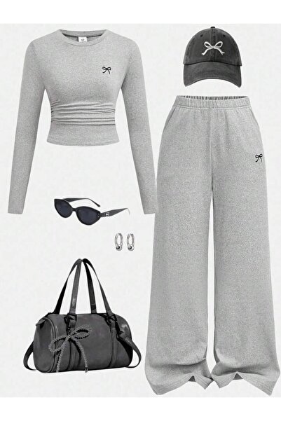 Machetta Girl's Little Ribbon Printed Tracksuit Bottom-Top Set