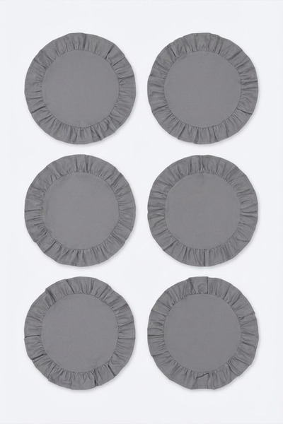 YUNUSOĞLU HOME Gray Cotton Ruffled Placemats Set of 6 American Style 33 cm Diameter Placemats Set of 6