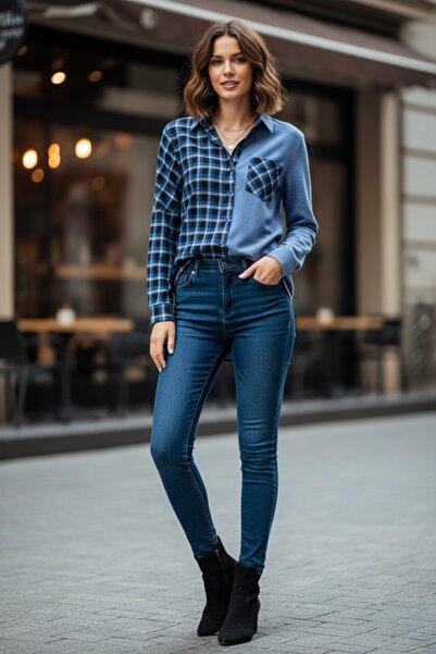 FARREN Women's Blue Asymmetrical Patterned Shirt – Dualine Fit |   100% Cotton |   Long Form |   Daily Elegance