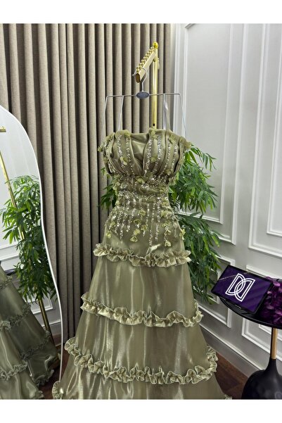 Generic Gazar sequined evening gown - embroidered trim with 3D roses - romantic layered design in olive green