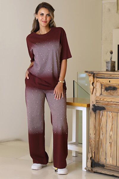 Nazen Giyim Short sleeved stone burgundy women's set 7225-2y5