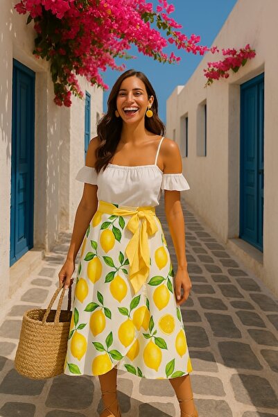 OEM - Cotton Wrap Skirt with Lemon Print, One Size INTL
