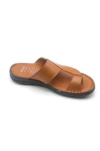Çelik 0016 Genuine Leather Flip Flops Taba